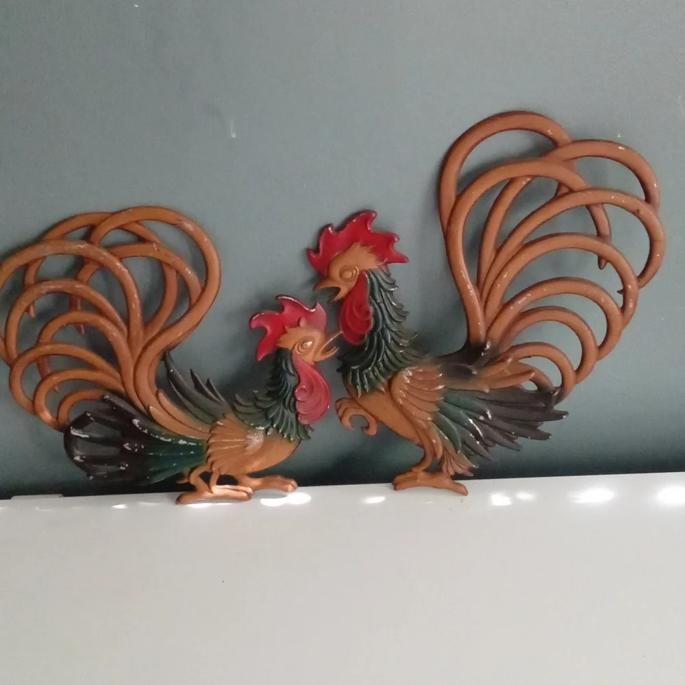 Vintage Metal Rooster Pair Wall‎ Decor Farmhouse Country Garden Art